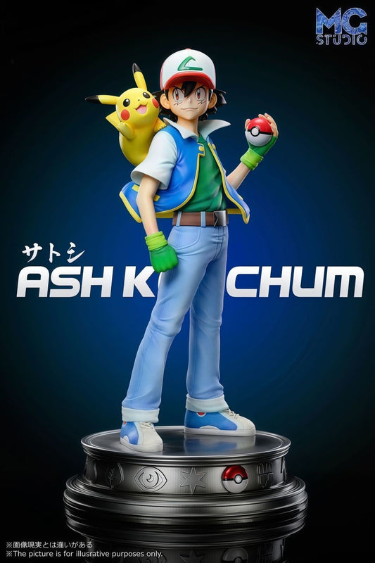 +1 Anime Pokemon Trainer Ash Ketchum & Pikachu Deluxe Figure - 18cm MG Studio Fully Painted Statue Satoshi Anime Action Figure