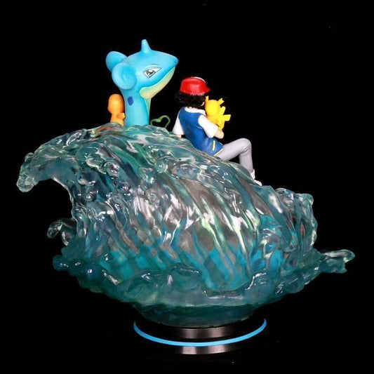 +1 Anime Pokemon Ash Ketchum Riding Lapras Wave LED Luminous Statue (30cm) Anime Action Figure