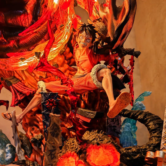 One Piece: Monkey D. Luffy Red Roc Wano Arc Statue Massive LED Flame Edition detail view for anime room decor and desk setup styling