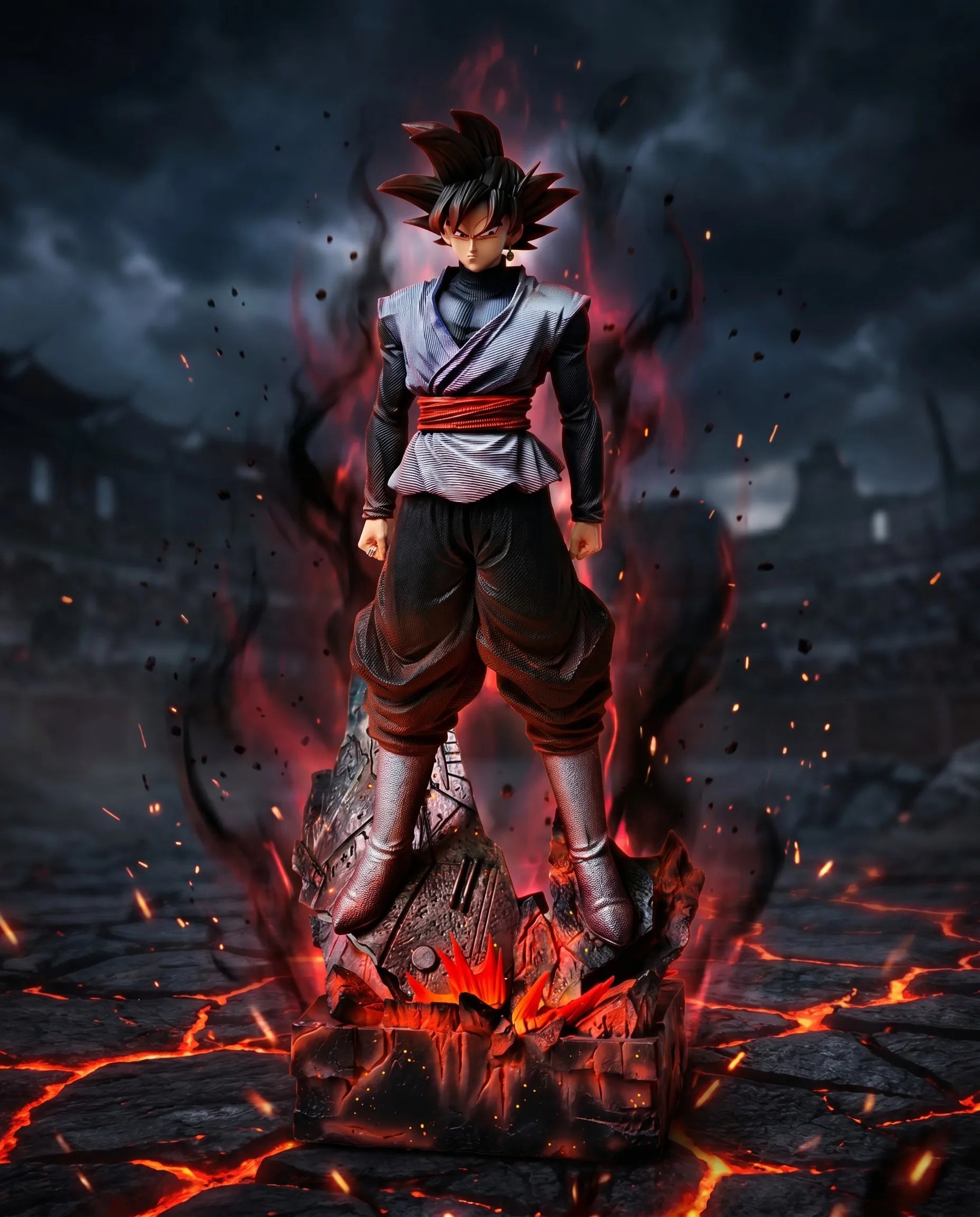 Black Goku inspired anime warrior statue dramatic lava battlefield display scene