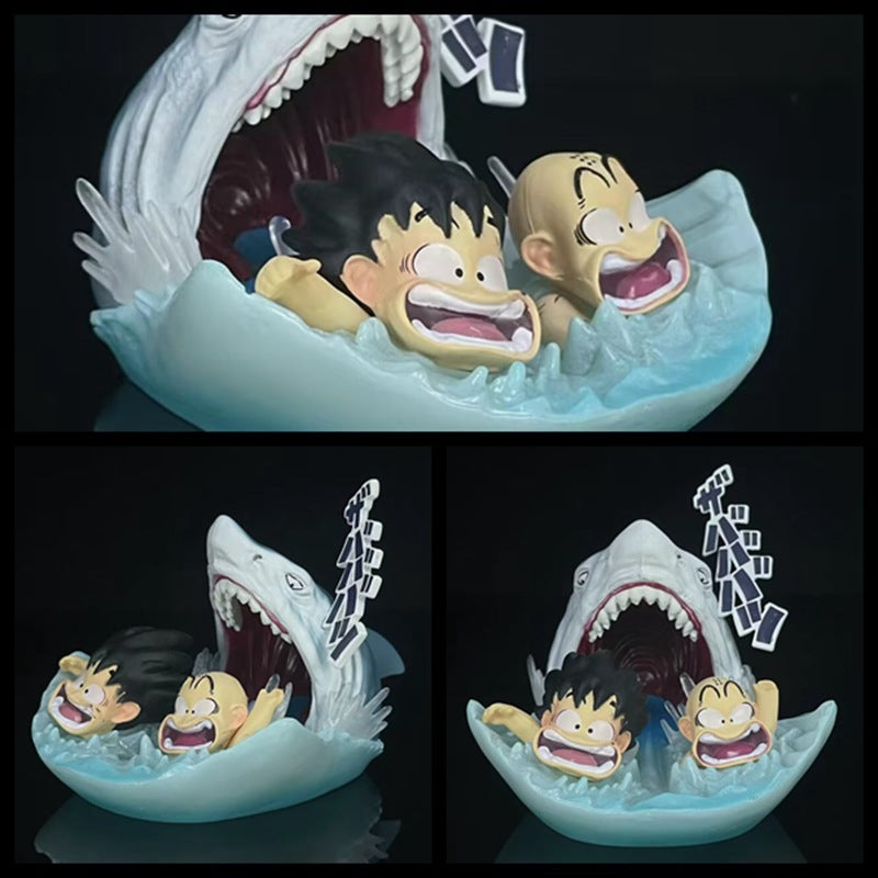 Panic in Paradise!  The Iconic Goku & Krillin Shark Chase Diorama Ornament/Little gift detail view for anime room decor and desk setup styling
