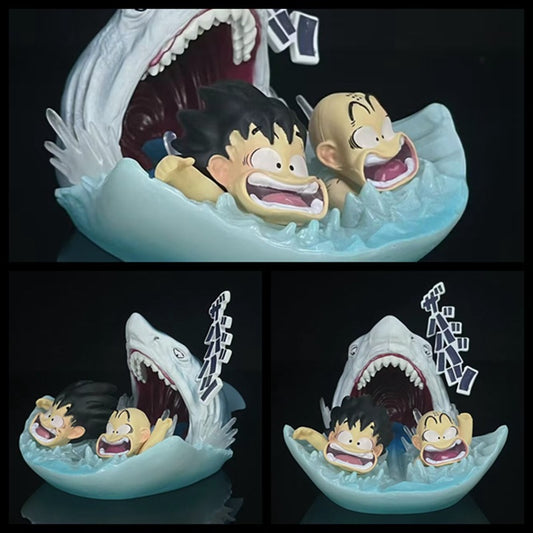 Panic in Paradise!  The Iconic Goku & Krillin Shark Chase Diorama Ornament/Little gift detail view for anime room decor and desk setup styling
